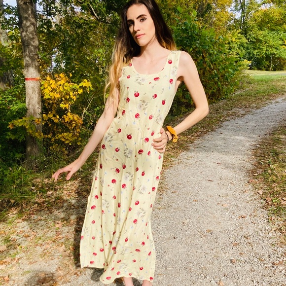 Vintage 80s 90s Flowy Pale Yellow Floral Dress - Picture 3 of 7